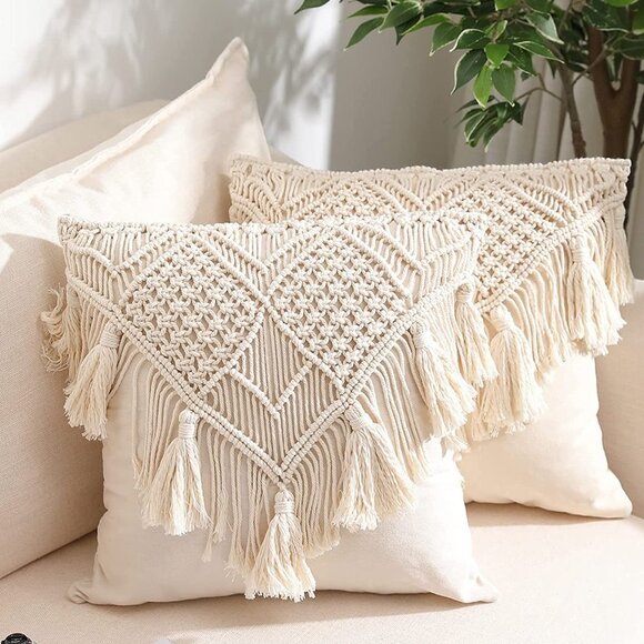 Tassel Macrame Throw Pillow Boho Indie Case Cushion Cover for Bed/Sofa/Patio - Picture 1 of 7